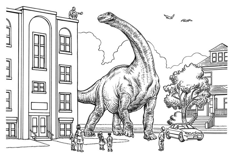 Apatosaurus and children line art illustration