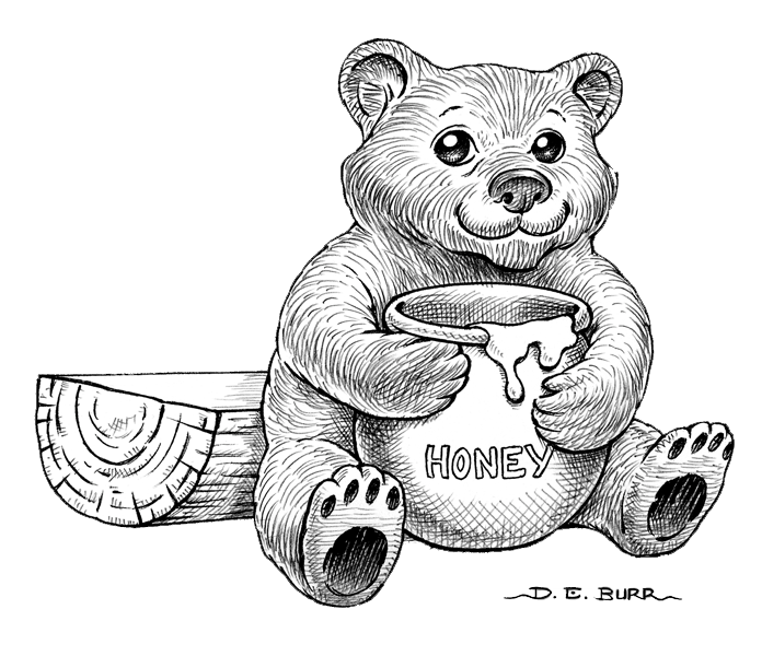Bear with honey jar childrens line art illustration