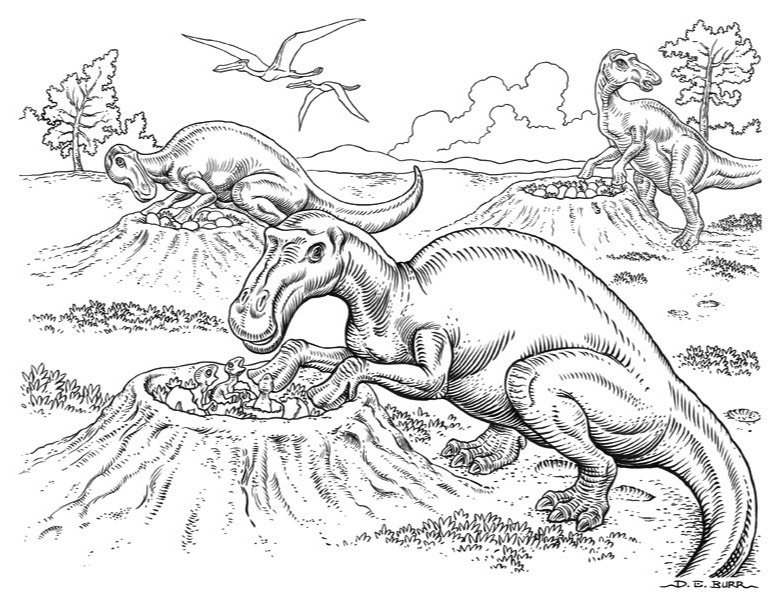 Maiasaura dinosaur and hatchlings line art illustration