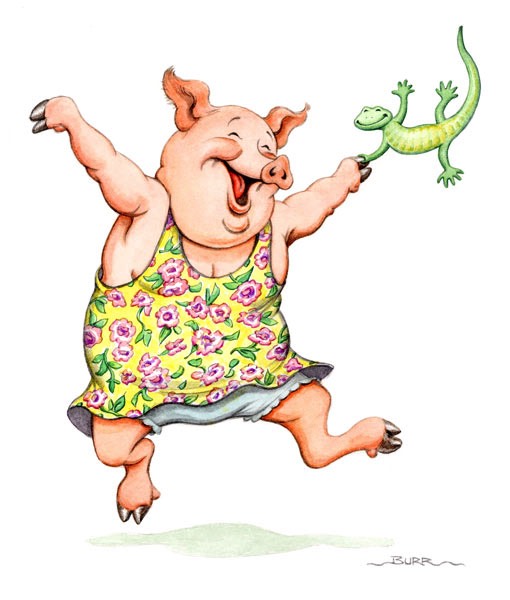 Female pig dancing with a gecko painted childrens illustration