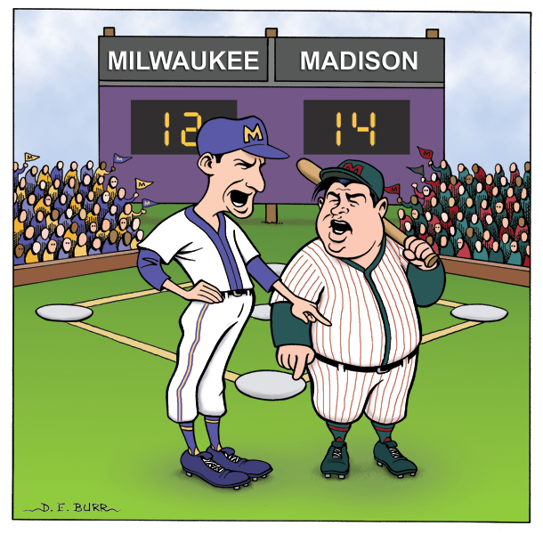 Bud Abbot and Lou Costello playing baseball color line art editorial cartoon