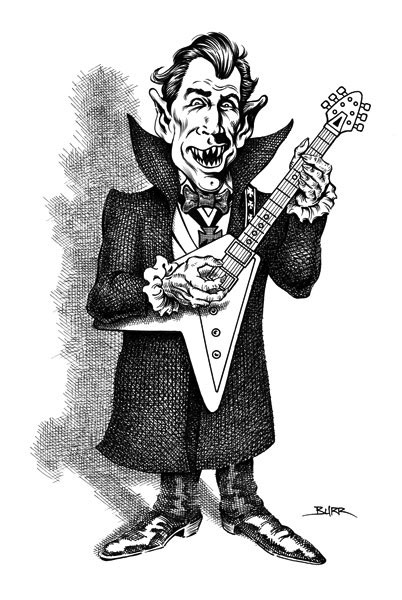 Dracula playing electric guitar line art illustration